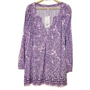 NWT Crown & Ivy Purple Print Peasant Top Blouson 3/4 Sleeves | XL